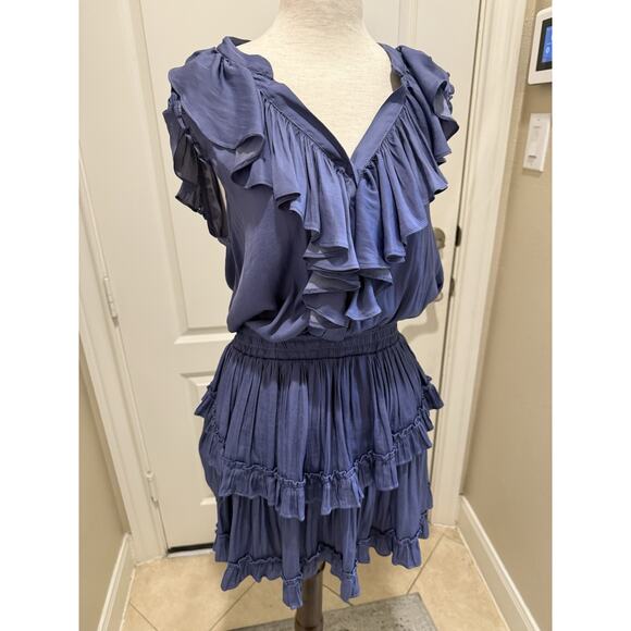 Do + Be Smocked Ruffle Dress Dusty Periwinkle Purple Pleated Layered Mini - Smal - Picture 3 of 6